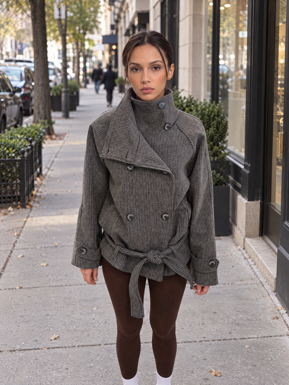 Short structured belted coat with a striped pattern – Grey
