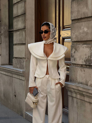 Celeste elegant two-piece set with a waterfall collar – White