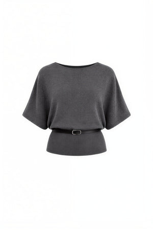Eleganten pleten pulover s pasom – Temno siva