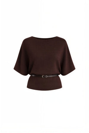Eleganten pleten pulover s pasom – Temno rjava
