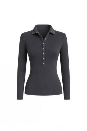 Ribbed long-sleeve polo shirt with gold buttons – Dark grey