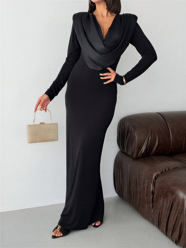 Long evening dress with a draped satin neckline – Black