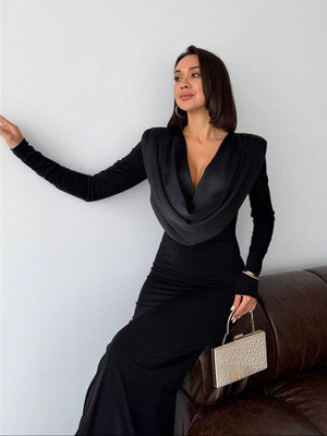 Long evening dress with a draped satin neckline – Black