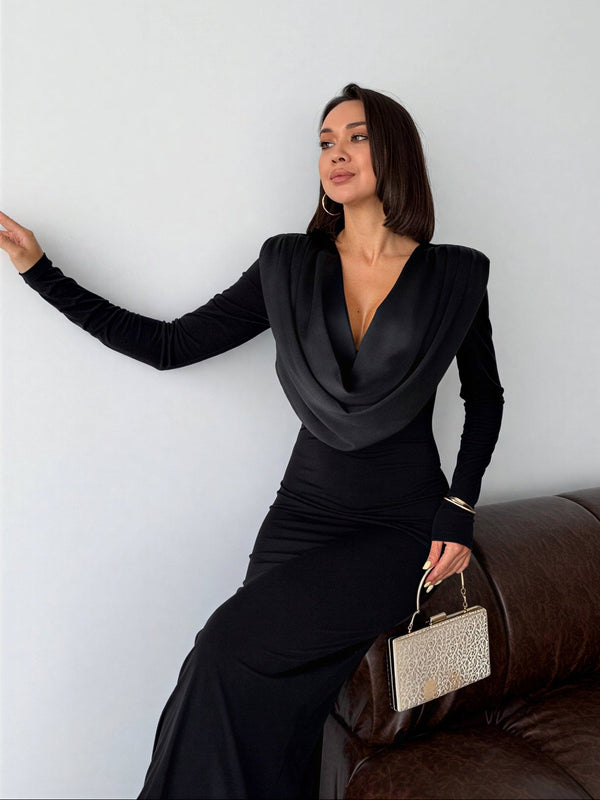 Long evening dress with a draped satin neckline – Black