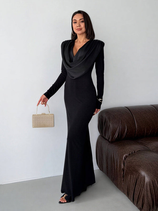 Long evening dress with a draped satin neckline – Black