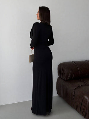 Long evening dress with a draped satin neckline – Black