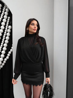 Elegant draped blouse with sheer sleeves – Black