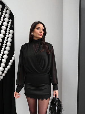 Elegant draped blouse with sheer sleeves – Black