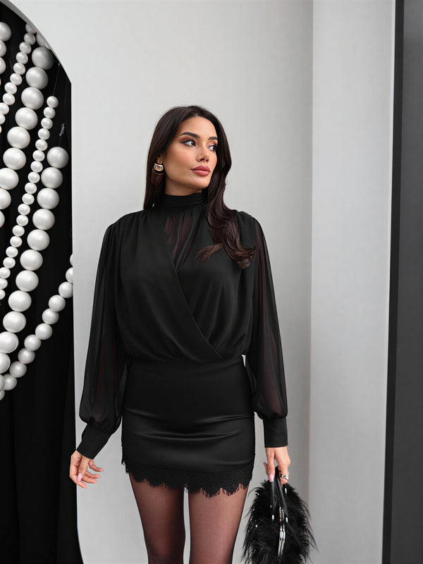 Elegant draped blouse with sheer sleeves – Black