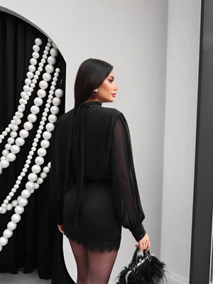 Elegant draped blouse with sheer sleeves – Black