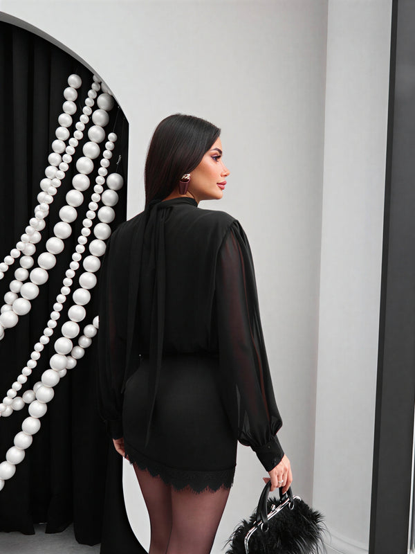Elegant draped blouse with sheer sleeves – Black