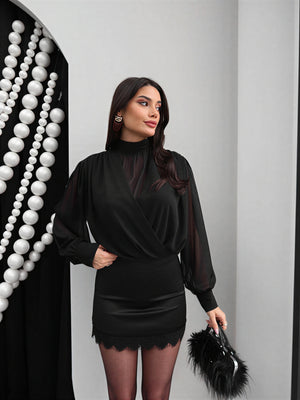 Elegant draped blouse with sheer sleeves – Black