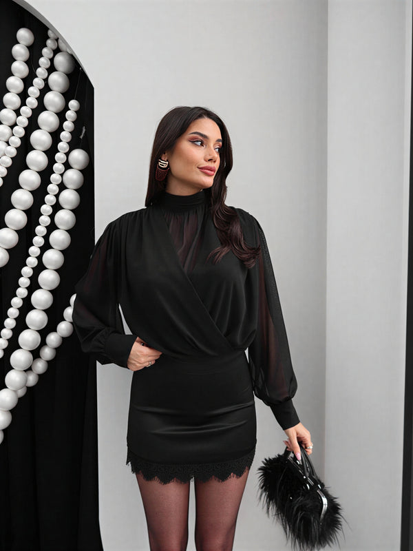 Elegant draped blouse with sheer sleeves – Black