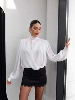 Elegant draped blouse with sheer sleeves – White