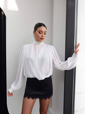 Elegant draped blouse with sheer sleeves – White