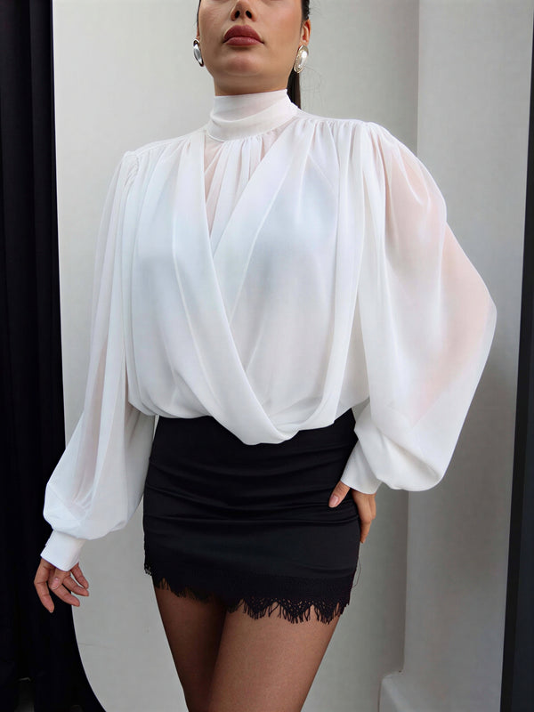 Elegant draped blouse with sheer sleeves – White