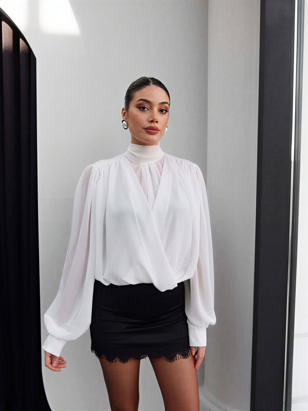 Elegant draped blouse with sheer sleeves – White