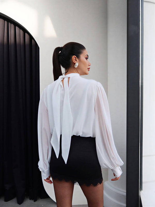Elegant draped blouse with sheer sleeves – White