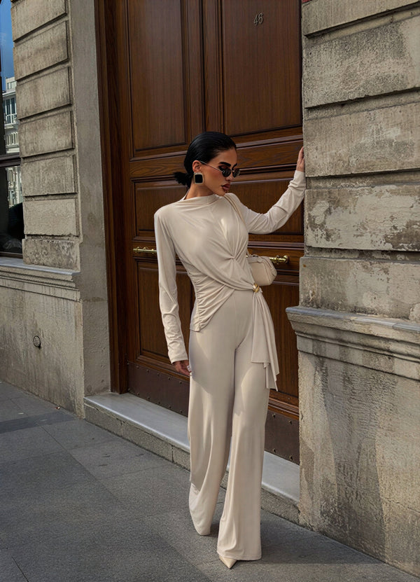Elegant 2-piece draped set Kimberly – Cream beige