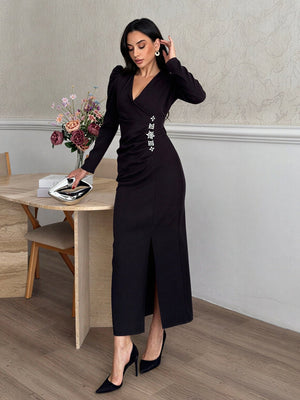 Elegant wrap midi dress with crystal details – Black