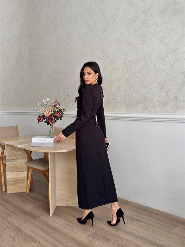 Elegant wrap midi dress with crystal details – Black