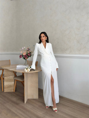 Long wrap-style blazer dress with buttons – White