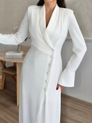 Long wrap-style blazer dress with buttons – White