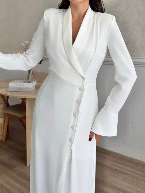 Long wrap-style blazer dress with buttons – White