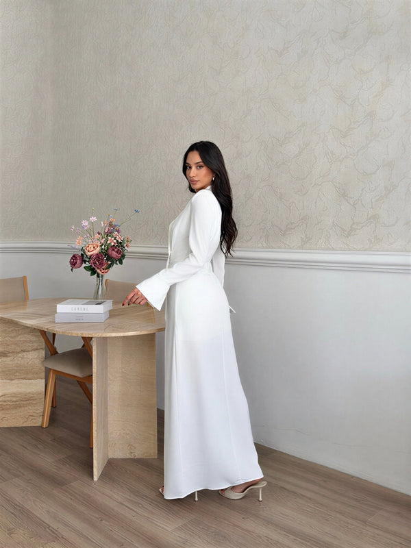 Long wrap-style blazer dress with buttons – White