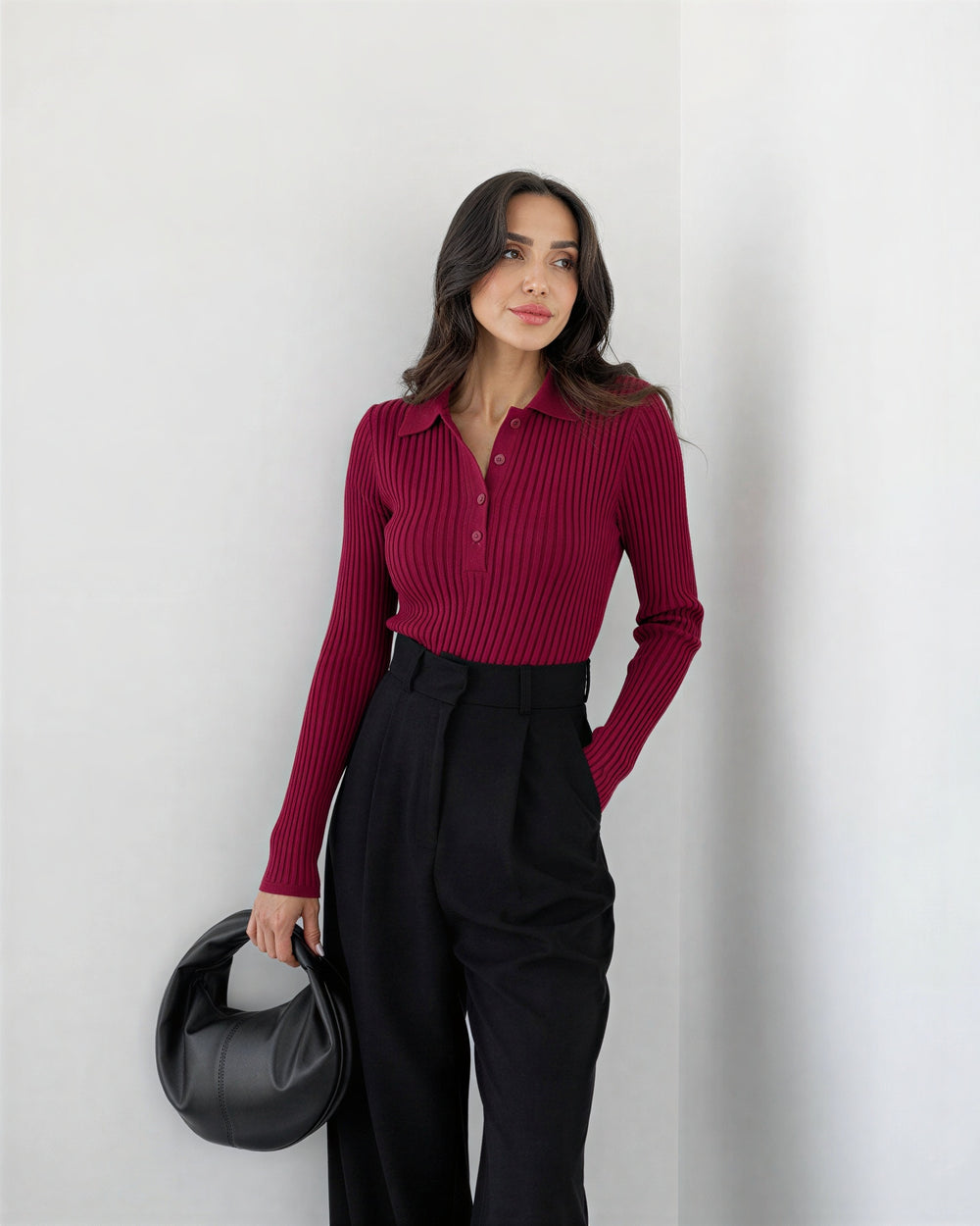 Fina rebrasta polo pletena majica – Bordo rdeča