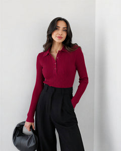 Fine ribbed polo knit shirt – Burgundy