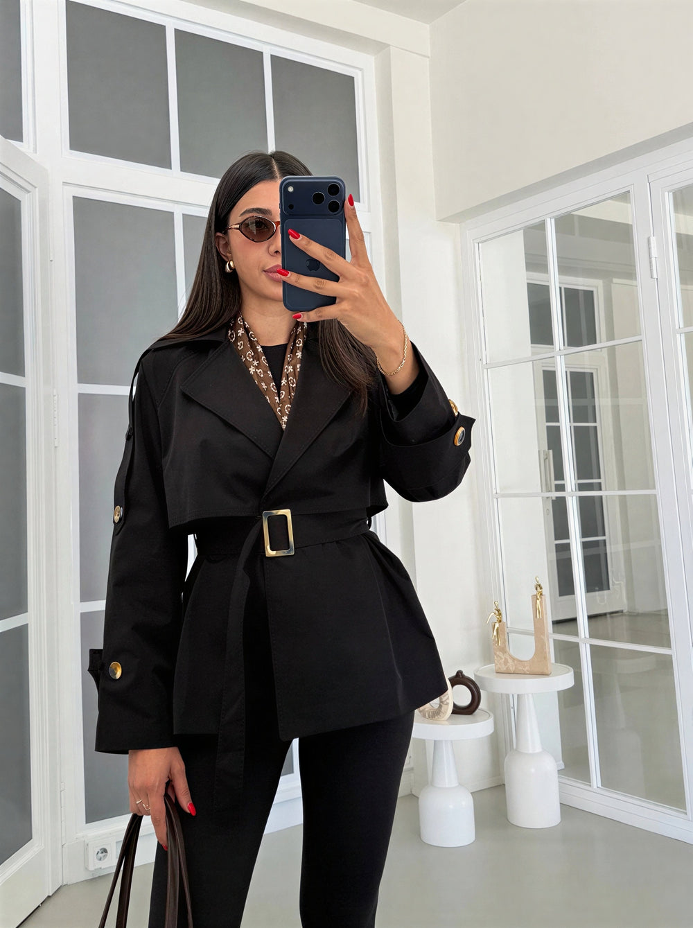 Iris short belted trench coat – Black