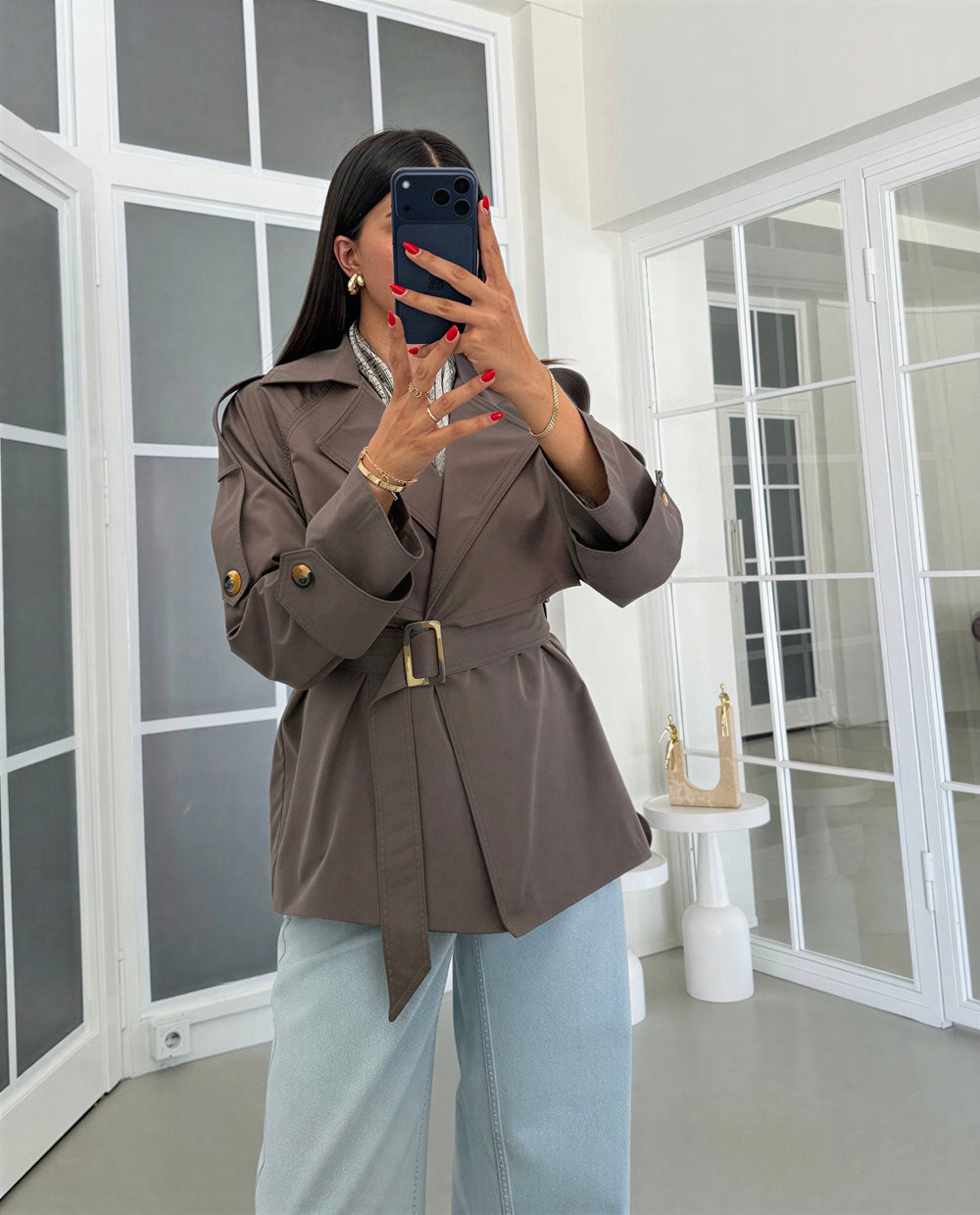 Iris short belted trench coat – Grey