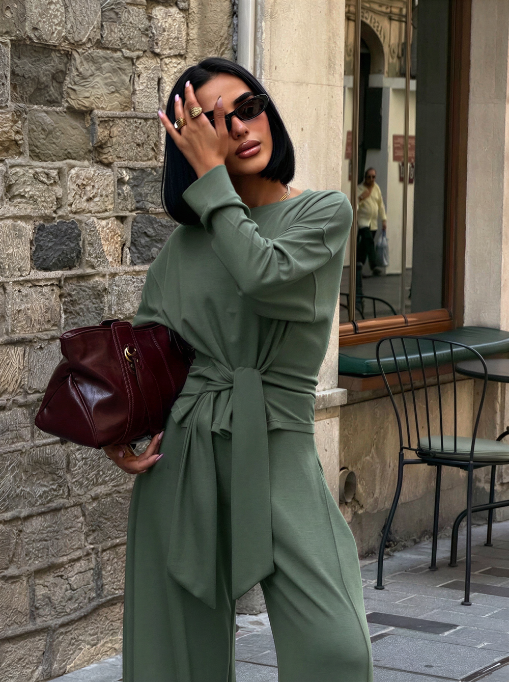 Elegant 2-piece oversized Lorena set – Olive green