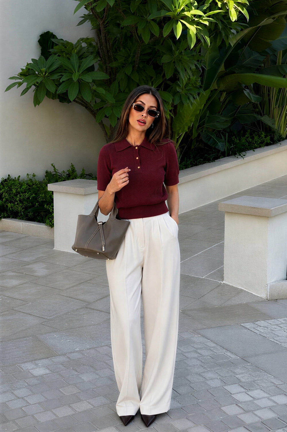Camille burgundy knitted polo shirt with gold buttons