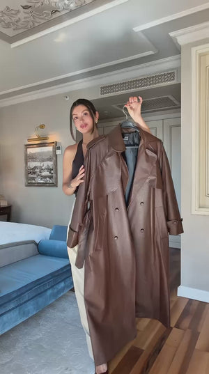 Long textured leather trench coat with a belt – Chocolate brown